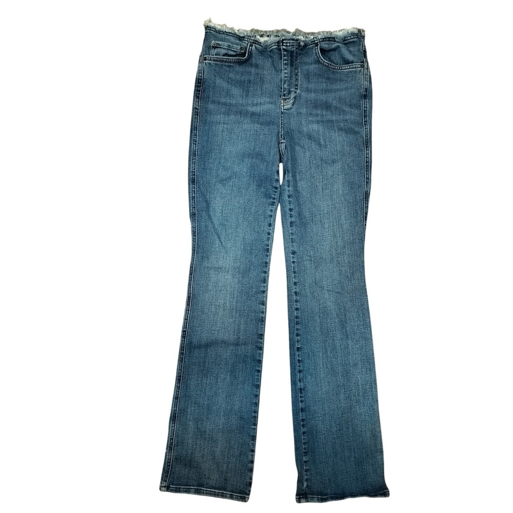 PILCRO Women's Mid-rise 5 Pocket Blue Denim Flare Casual Jeans Frayed Hem Waist